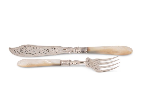 Lot 492 - A pair of Victorian silver fish servers with mother of pearl handles