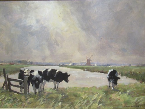 Lot 243 - Owen Waters (British 1916-2004), Cows grazing,...