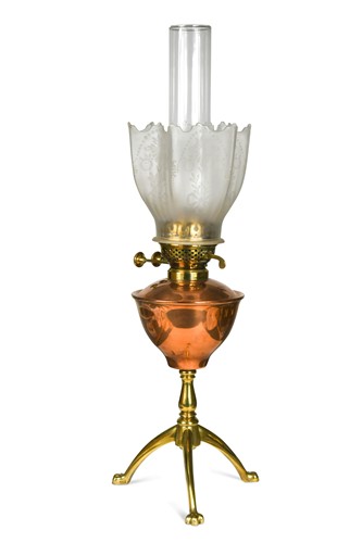 Lot 154 - Attributed to W.A.S. Benson, a copper and brass oil lamp