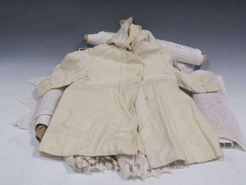 Lot 150 - Four lace runners, baby dress and a cape for a...