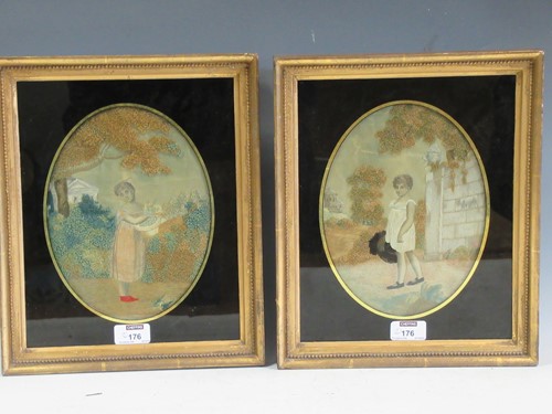 Lot 176 - A pair of silk needlework pictures, 23 x 17cm