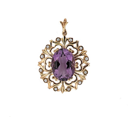 Lot 63 - A mid 20th century amethyst and split pearl pendant