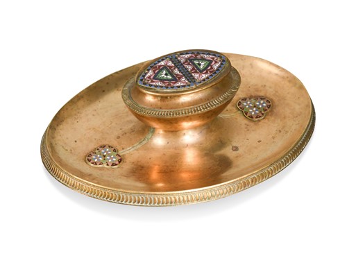 Lot 149 - A bronze and champlevé enamel inkwell