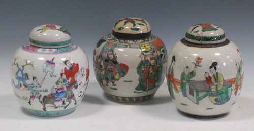 Lot 60 - Three Chinese ginger jars and covers, the...