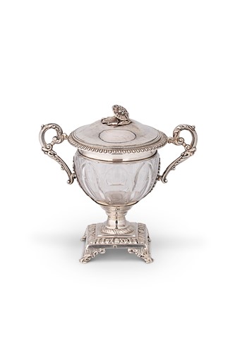 Lot 457 - A mid 19th century French metalwares silver mounted two handled sugar vase and cover