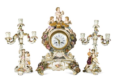 Lot 551 - A Meissen porcelain clock garniture, late 19th century