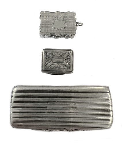 Lot 386 - Two 19th century silver vinaigrettes and a silver snuff box