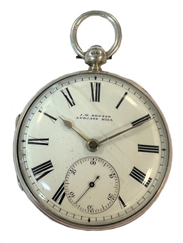 Lot 263 - J.W. Benson, London - A Victorian Sterling silver open faced pocket watch and chain
