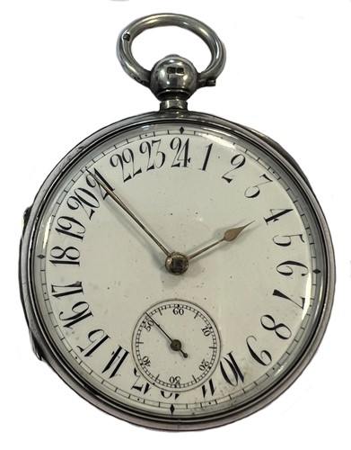 Lot 264 - T.H. Royal, Portland - A late Victorian Sterling silver open faced pocket watch with 24 hour dial