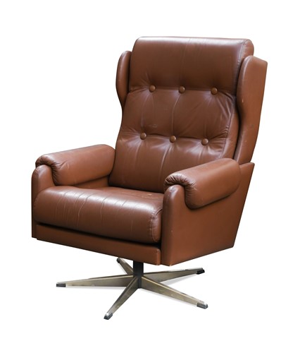 Lot 266 - A mid-century Danish brown leather wing back swivel armchair