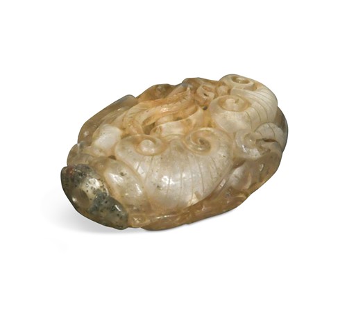 Lot 74 - A Chinese moss agate/quartz large carved bead, late Qing Dynasty