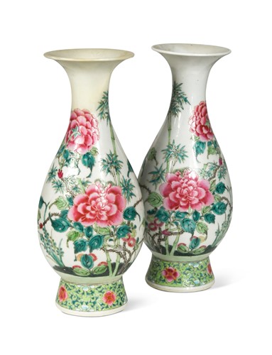 Lot 31 - A pair of Chinese famille rose porcelain ovoid pedestal vases, late 19th century