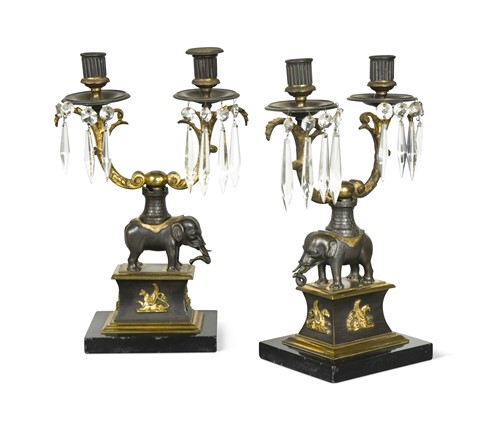 Lot 483 - A pair of Regency patinated and gilt bronze lustres