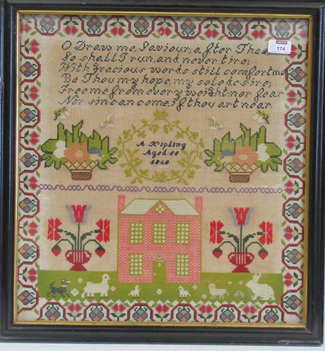 Lot 174 - Two samplers decorated with houses, flowers...