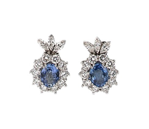 Lot 246 - A pair of sapphire and diamond cluster ear pendants