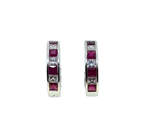 Lot 167 - A pair of ruby and diamond hoops