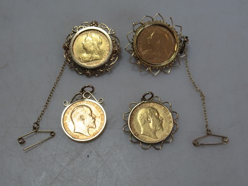 Lot 202 - Four mounted half sovereigns (4)