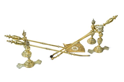 Lot 290 - A set of country house brass fire irons and similar andirons, 19th century