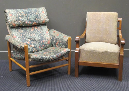 Lot 549 - A late 20th century turned wood armchair together with a scroll armed elbow chair (2)