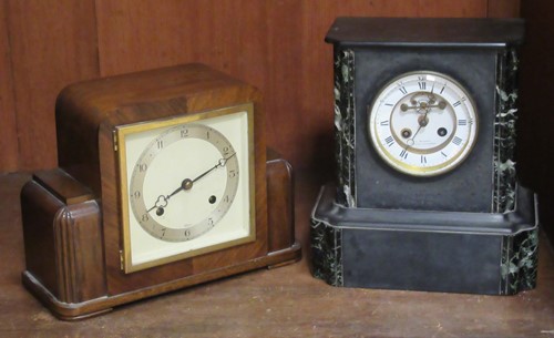 Lot 58 - A Victorian slate mantle clock decorated with...