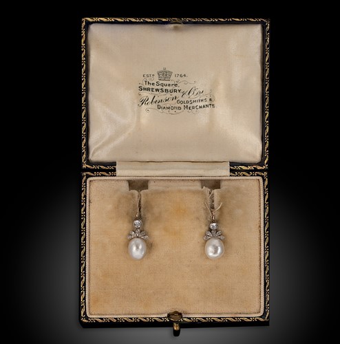 Lot 247 - A pair of natural pearl and diamond ear pendants