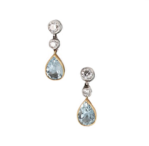 Lot 122 - A pair of modern aquamarine and diamond ear pendants