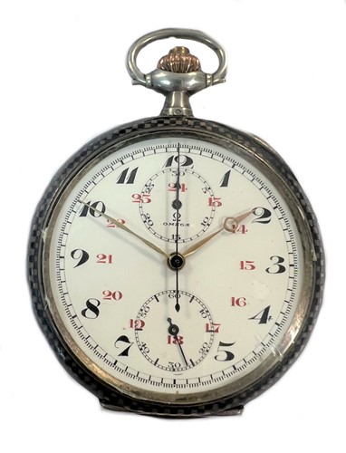 Lot 275 - Omega - A Swiss silver open faced chronograph pocket watch