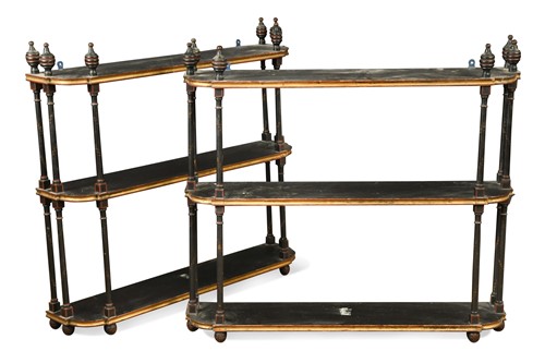 Lot 511 - A pair of ebonised and gilt three-tier hanging wall shelves, late 19th century