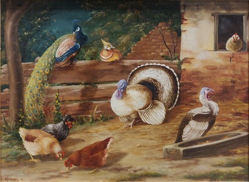 Lot 243 - A Kerekes Two pictures of turkeys, chickens...