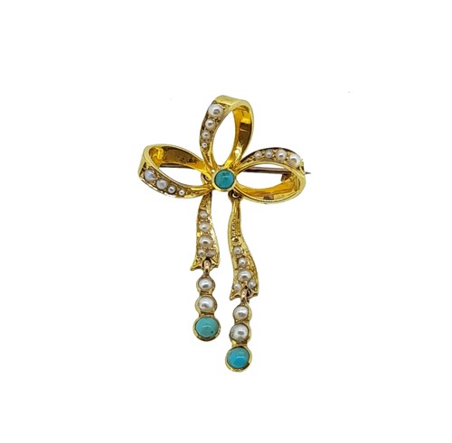 Lot 114 - A split pearl and turquoise bow brooch