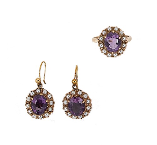 Lot 60 - An amethyst and split pearl ring, together with a pair of ear pendants