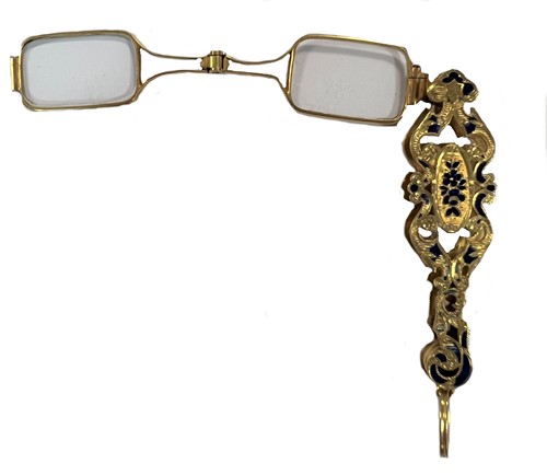 Lot 395 - A pair of French 18ct gold and enamel lorgnettes