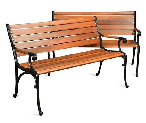 Lot 606 - A pair of cast metal and mahogany garden benches, recent construction