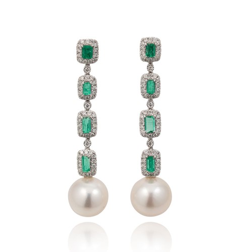 Lot 180 - A pair of pearl, emerald and diamond ear pendants