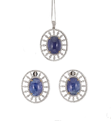 Lot 242 - A tanzanite and diamond pendant and chain, together with matching ear studs