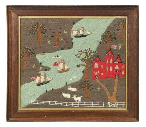 Lot 311 - A woolwork picture of boats in an estuary, late 19th century