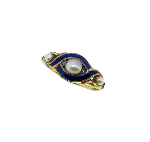 Lot 82 - A pearl, diamond and enamel memorial ring