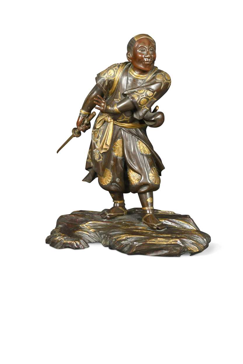 Lot 107 - A Japanese parcel-gilt bronze of a samurai, possibly by Miyao Eisuke