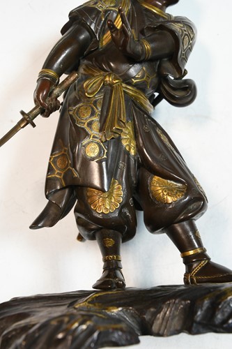 Lot 107 - A Japanese parcel-gilt bronze of a samurai, possibly by Miyao Eisuke
