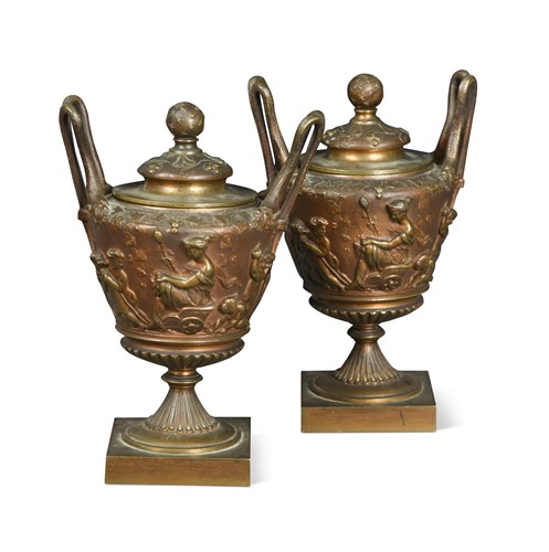 Lot 34 - A pair of bronze urns and covers, late 19th century