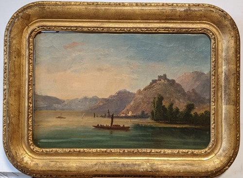 Lot 335 - Italianate landscape with shipping on a lake...