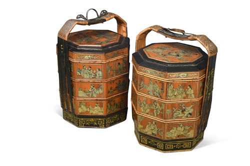 Lot 141 - A large pair of Chinese three-section food carriers, 20th century