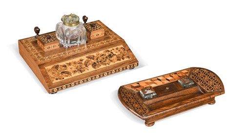 Lot 566 - A Tunbridgeware geometric parquetry inkstand