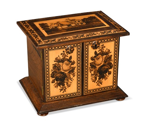 Lot 573 - A Tunbridgeware four-drawer table cabinet