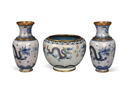 Lot 84 - A pair of Chinese cloisonné dragon vases, Republic period