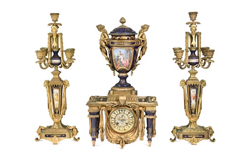 Lot 514 - F. Barbedienne, a French ormolu and porcelain clock garniture, late 19th century