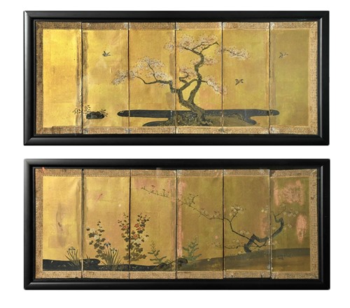 Lot 117 - A pair of Japanese gold lacquered and painted six-fold table screens, late Meiji period