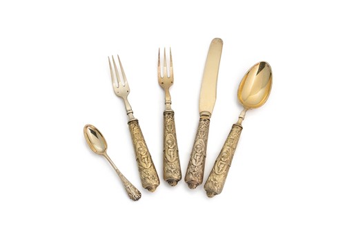 Lot 458 - A 39-piece set of 19th century French metalwares vermeil cutlery and flatware with 5 gold additions