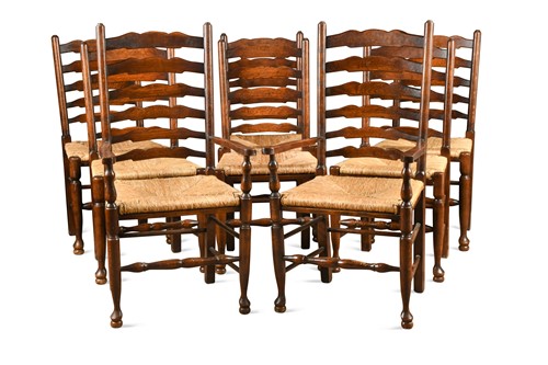 Lot 236 - A set of eight oak George III style ladder back chairs, 20th century