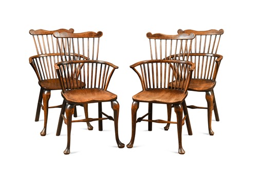 Lot 301 - Four George III stick back elm and beech armchairs